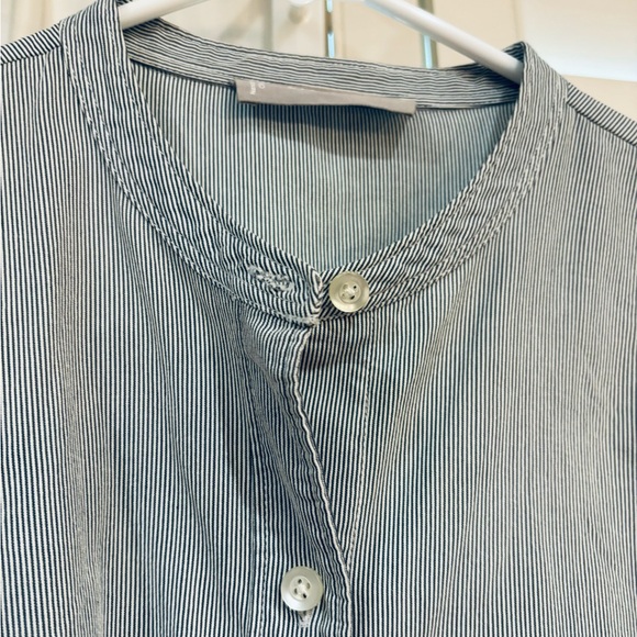 Everlane Cotton Weave Collarless Belted Shirtdress pinstripe Sz 6 pockets navy - Picture 8 of 16